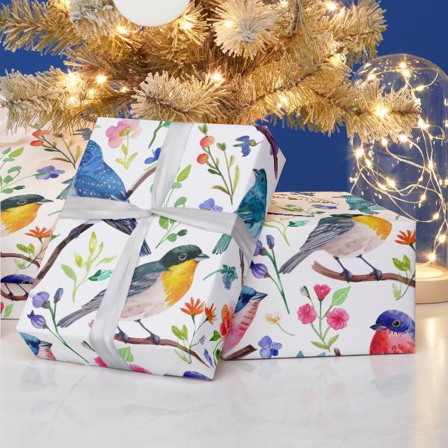 Colourful watercolors birds and flowers pattern wrapping paper (Holidays)