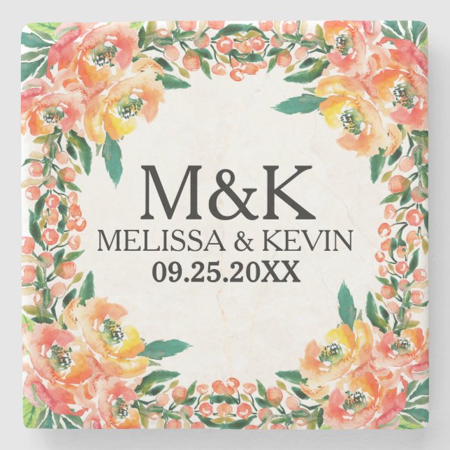 Colourful Watercolors Floral Frame Stone Coaster (Front)