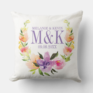 Colourful Watercolors Floral Wedding Wreath Cushion
