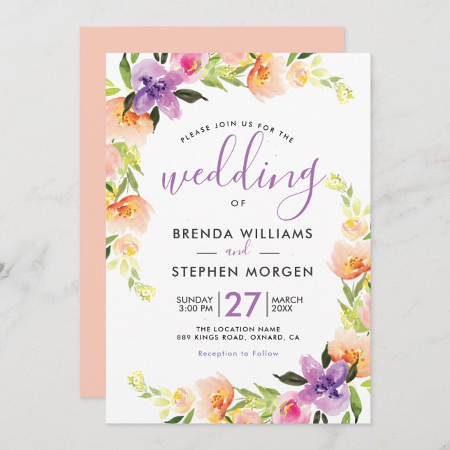 Colourful watercolors flowers frame invitation (Front/Back)