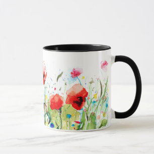 Colourful Watercolors Flowers & Red Poppies Mug