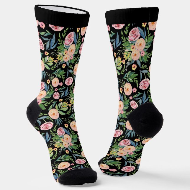 Colourful watercolors flowers seamless pattern socks (Angled)