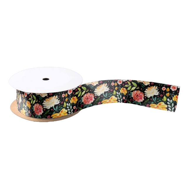 Colourful watercolors garden flowers pattern satin ribbon (Spool)