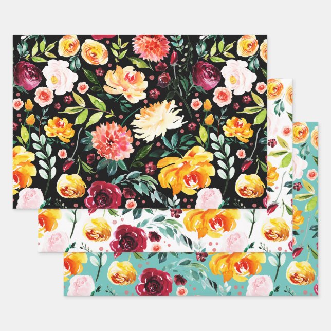 Colourful watercolors garden flowers pattern wrapping paper sheet (Set)