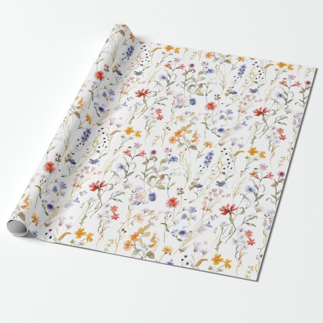 Colourful watercolour wild flower wrapping paper (Unrolled)