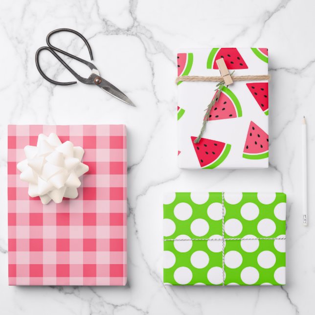 Colourful Watermelon Dots and Gingham Wrapping Paper Sheet (Front)