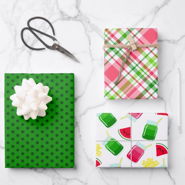 Colourful Watermelon Dots and Plaid Wrapping Paper Sheet (Front)