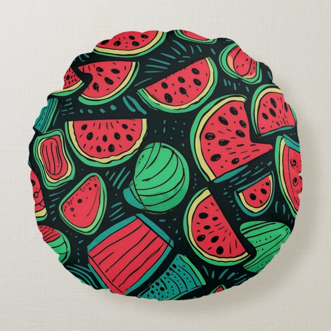 Colourful Watermelon Slice Seamless Pattern Round Cushion (Front)