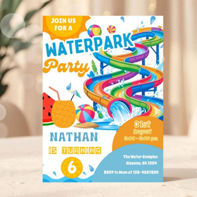 Colourful Waterpark Birthday Invitation (waterpark birthday invitation, pool party invite, summer birthday invitation, splash party invite, w)