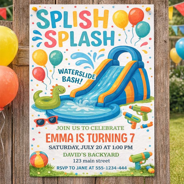 Colourful Waterslide Splash Birthday Party Design Invitation (Splash Splash Birthday Invitation Water Slide Pool Party for Kids)