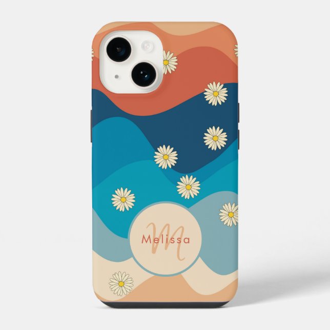 Colourful Waves & Daisies Pattern Monogram iPhone Case (Back)