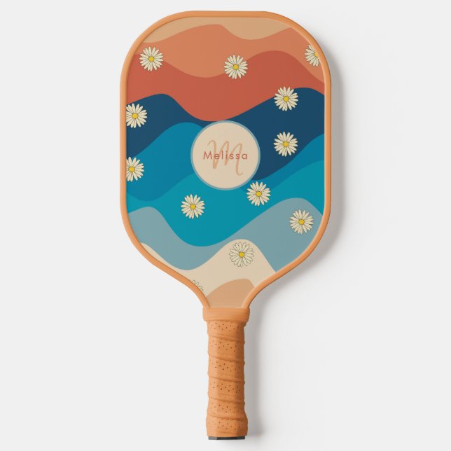 Colourful Waves & Daisies Pattern Monogram Pickleball Paddle (Front)