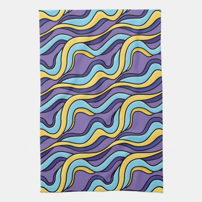 Colourful Waves Pattern Funky Retro Modern Abstrac Tea Towel (Vertical)