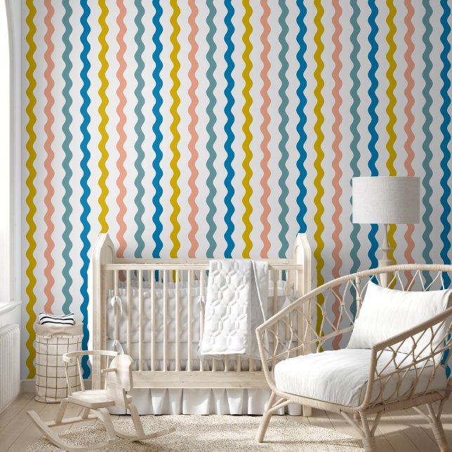 Colourful Wavy Ric Rac Striped Pattern Wallpaper (Kids)