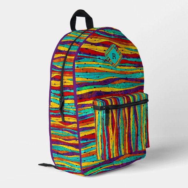 Colourful wavy stripes pattern monogram printed backpack (Back Corner Left)