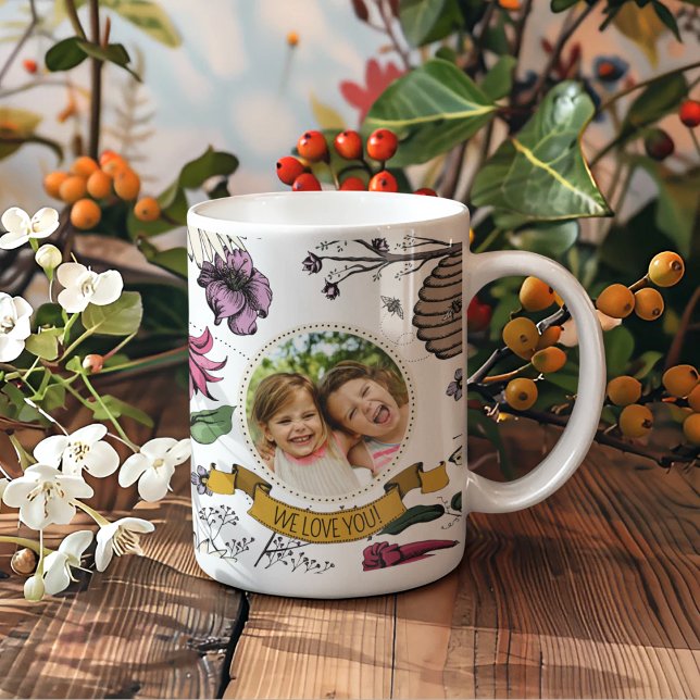 Colourful We Love You Kids Photo & Name Queen Bee Coffee Mug (Create Your Own Mother's Day Keepsake Mug by Uploading a Photo & with Mom's Name & Custom Message)