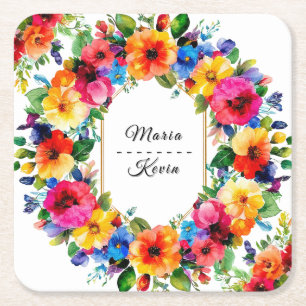 Colourful Wedding Floral Wreath Square Paper Coaster