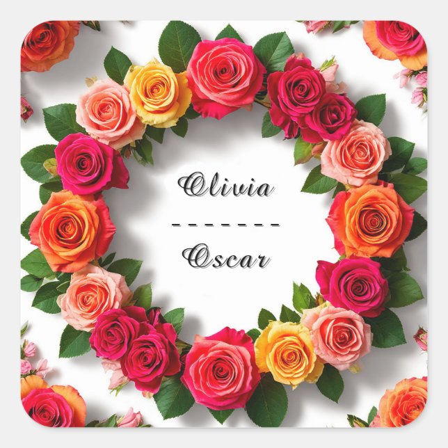 Colourful Wedding Floral Wreath Square Sticker (Front)