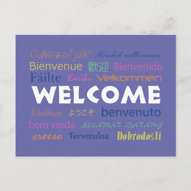 Colourful Welcome in Many Languages Perwinkle Blue Postcard (Front)