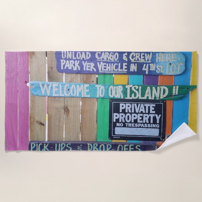 Colourful Welcome Island sign Carribean Beach Towel (Front)