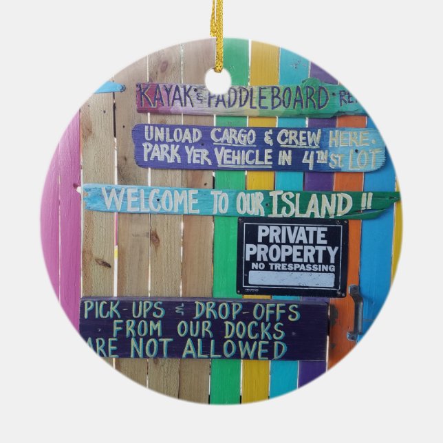 Colourful Welcome Island sign Carribean Ceramic Ornament (Back)