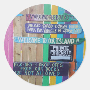 Colourful Welcome Island sign Carribean Classic Round Sticker