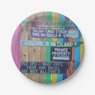Colourful Welcome Island sign Carribean Paper Plate