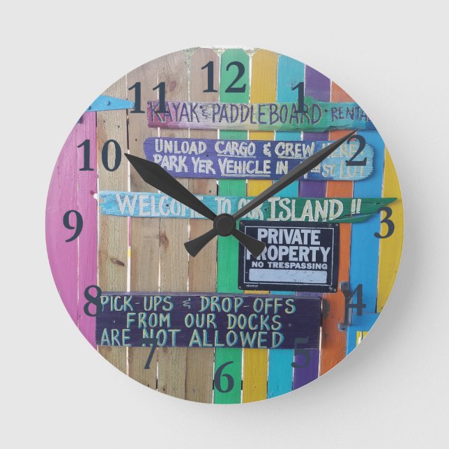 Colourful Welcome Island sign Carribean Round Clock (Front)