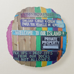 Colourful Welcome Island sign Carribean Round Cushion