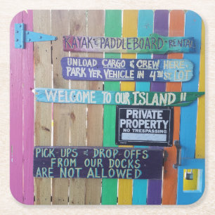 Colourful Welcome Island sign Carribean Square Paper Coaster