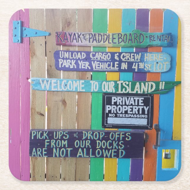 Colourful Welcome Island sign Carribean Square Paper Coaster (Front)