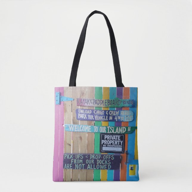 Colourful Welcome Island sign Carribean Tote Bag (Front)