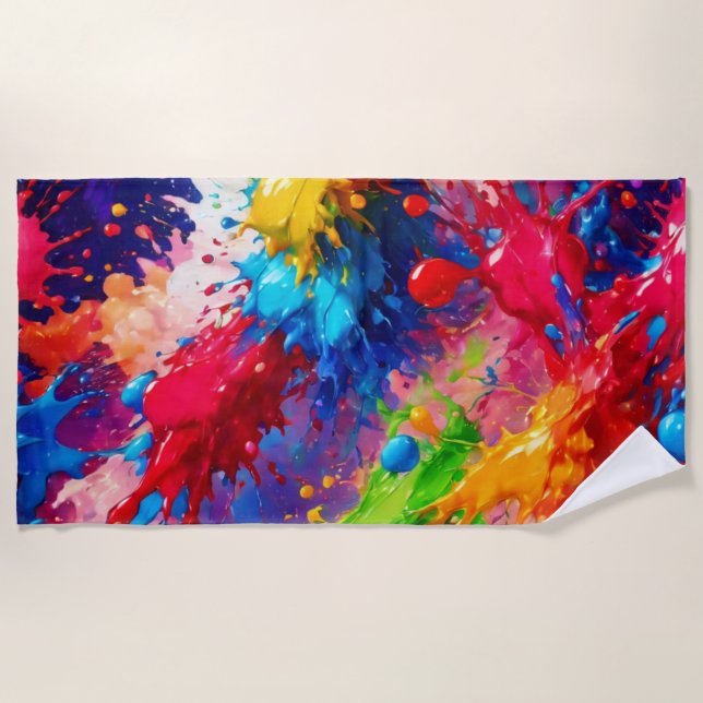 Colourful Wet Paint Splash Design Beach Towel (Front)