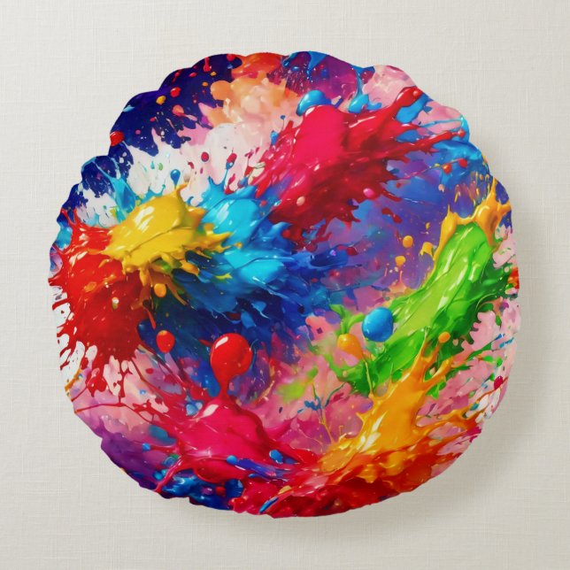 Colourful Wet Paint Splash Design Round Cushion (Front)