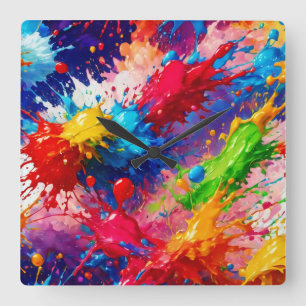Colourful Wet Paint Splash Design Square Wall Clock