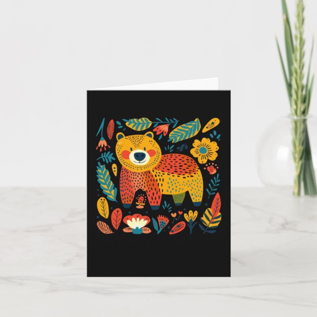 Colourful Whimsical Bear And Floral Pattern Illust Card (Front)