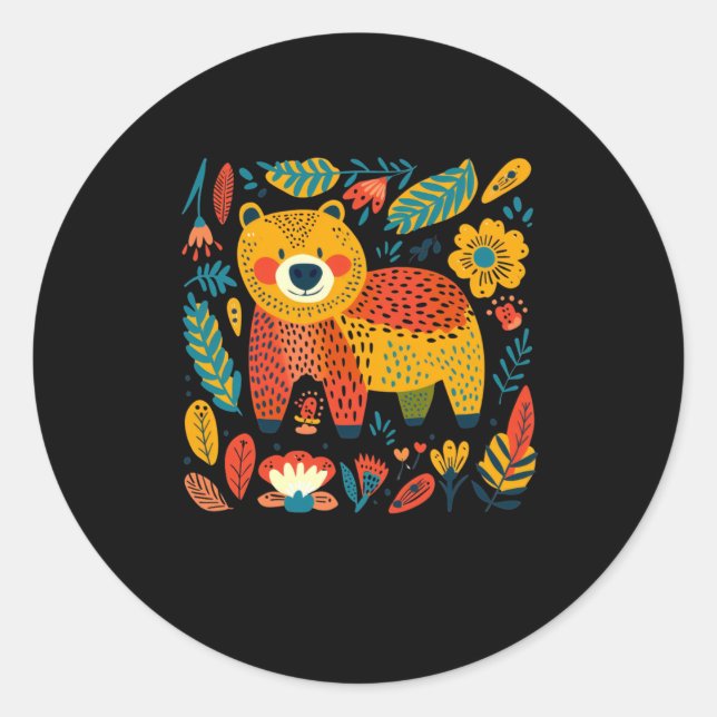 Colourful Whimsical Bear And Floral Pattern Illust Classic Round Sticker (Front)