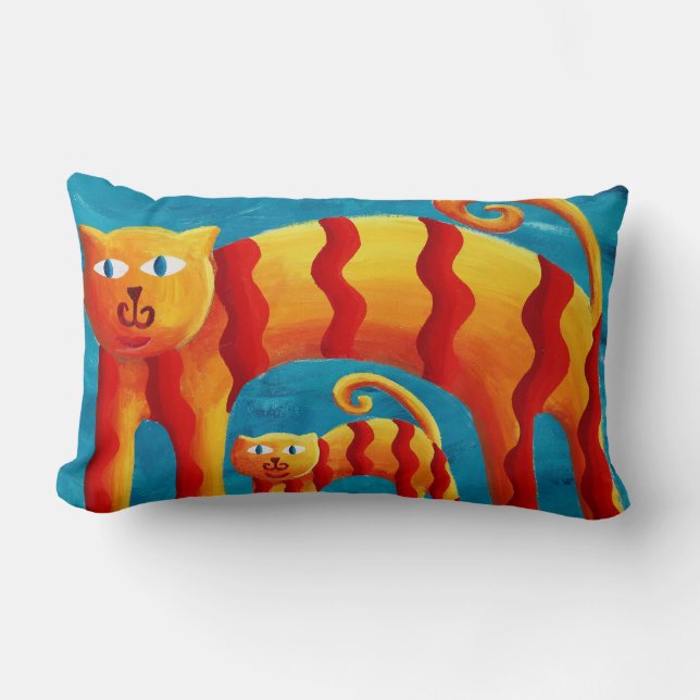 Colourful Whimsical Curved Cat and Kitten Lumbar Cushion (Front)