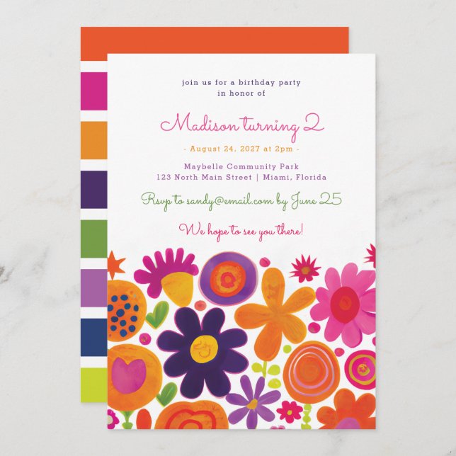 Colourful Whimsical Floral Garden Birthday Party Invitation (Front/Back)