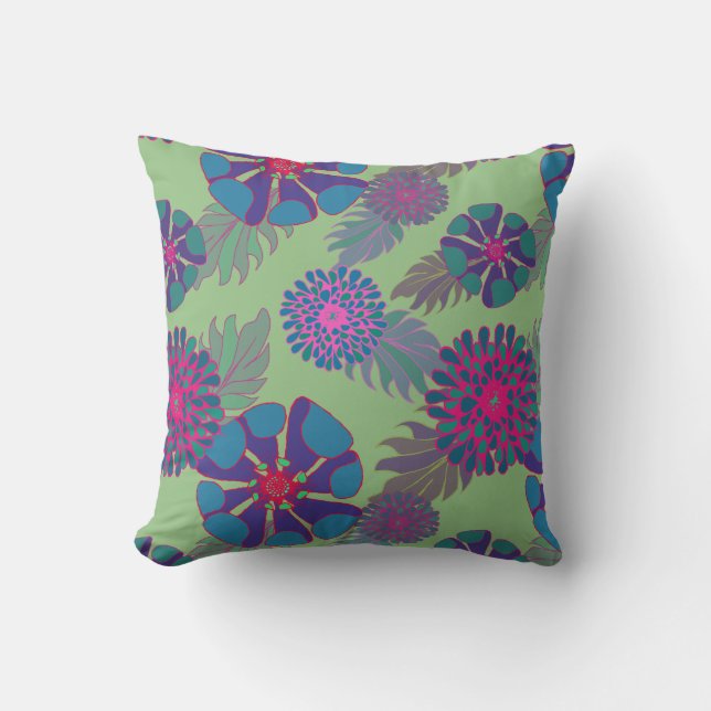 Colourful Whimsical Floral Pattern Green Cushion (Front)