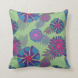 Colourful Whimsical Floral Pattern Green Cushion