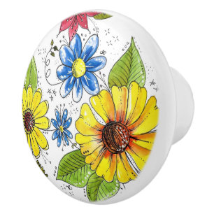 Colourful Whimsical Flower Garden Ceramic Knob