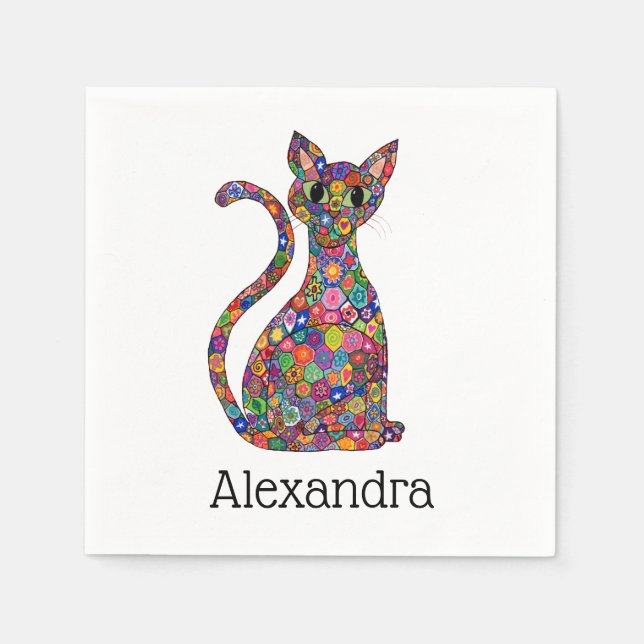 Colourful Whimsical Flower Mosaic Cat Monogram Nam Napkin (Front)