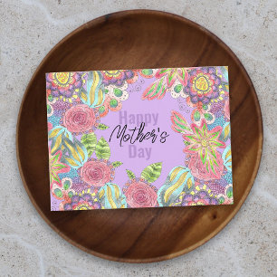 Colourful Whimsical Flowers on Purple Mother's Day Postcard
