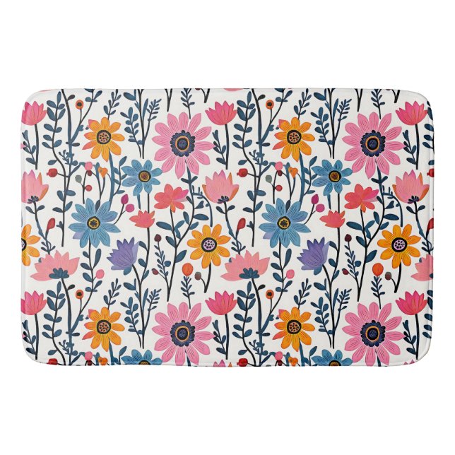 Colourful Whimsical Folk Art Floral Bath Mat (Front)