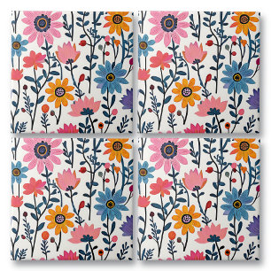 Colourful Whimsical Folk Art Floral Ceramic Tile