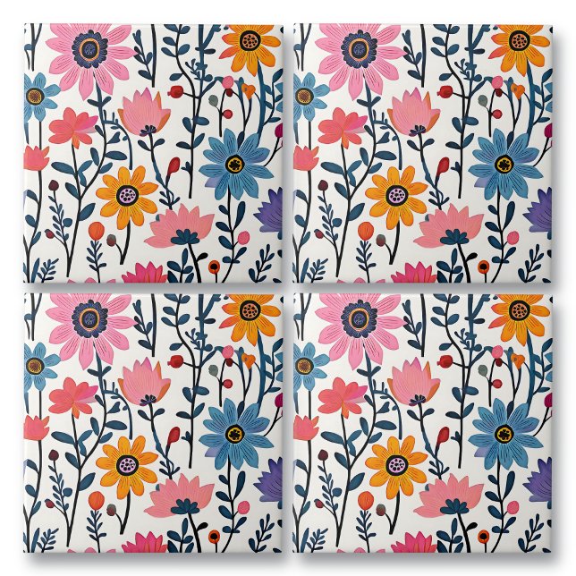 Colourful Whimsical Folk Art Floral Ceramic Tile (Creator Uploaded)