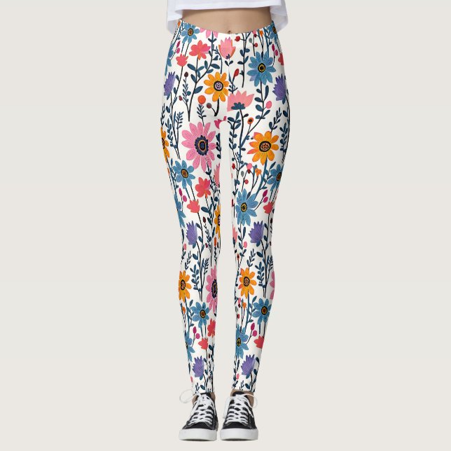 Colourful Whimsical Folk Art Floral Leggings (Front)