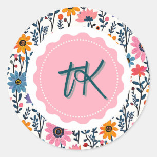 Colourful Whimsical Folk Art Floral Monogrammed Classic Round Sticker