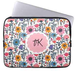 Colourful Whimsical Folk Art Floral Monogrammed Laptop Sleeve